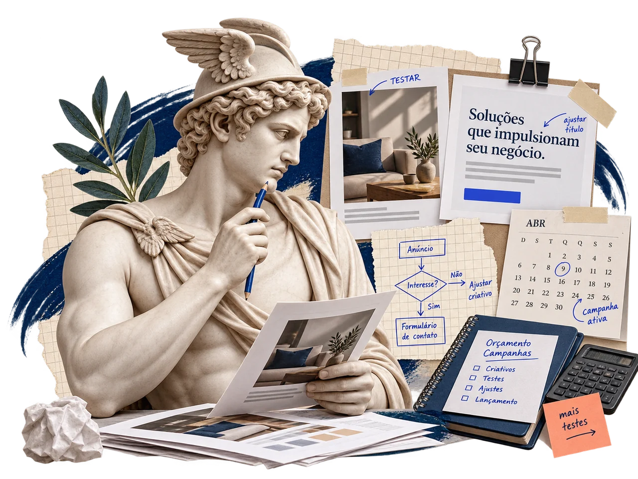 Escultura clássica com elementos de campanha e mensuração