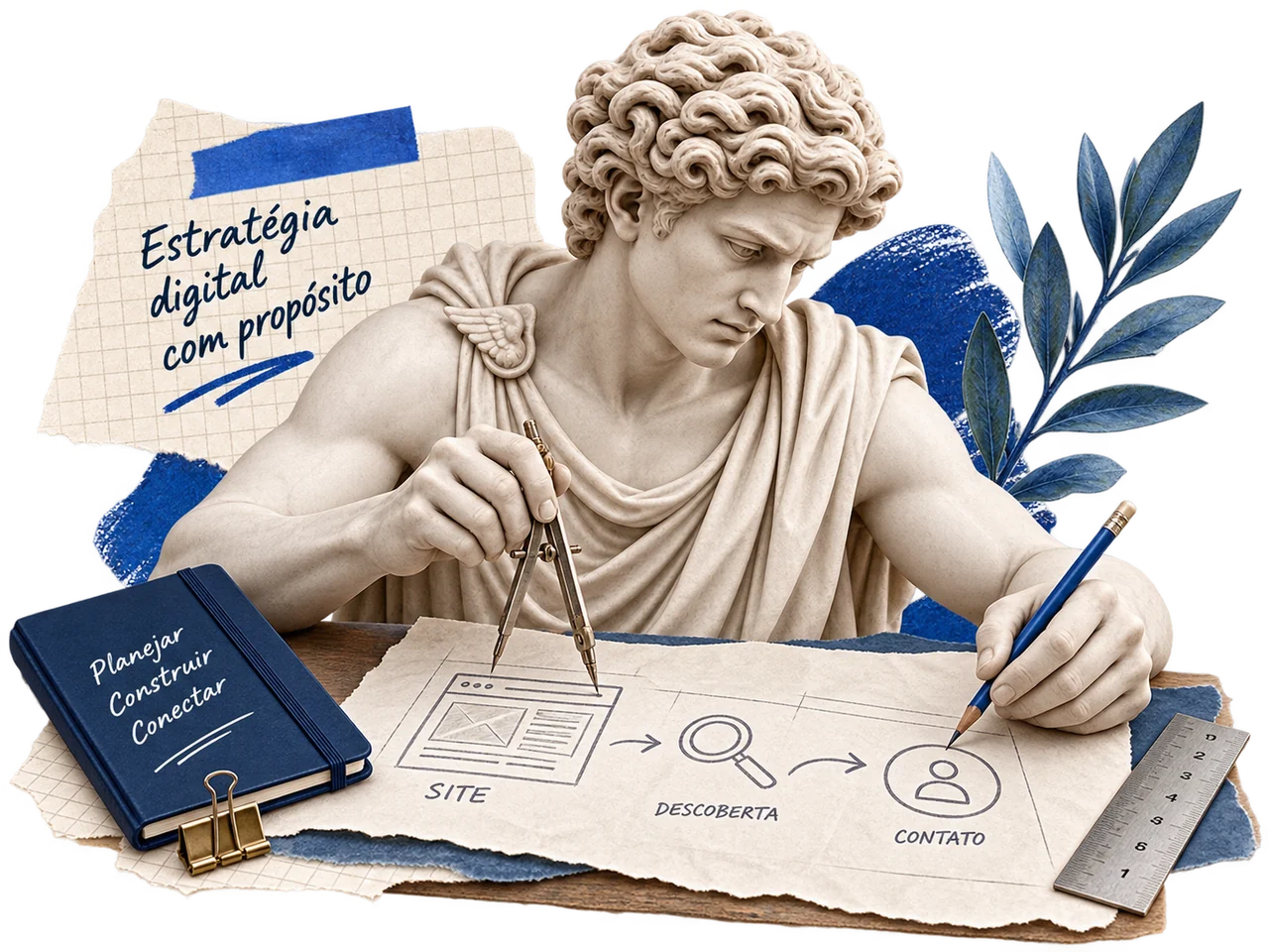 Escultura clássica com elementos de estratégia digital