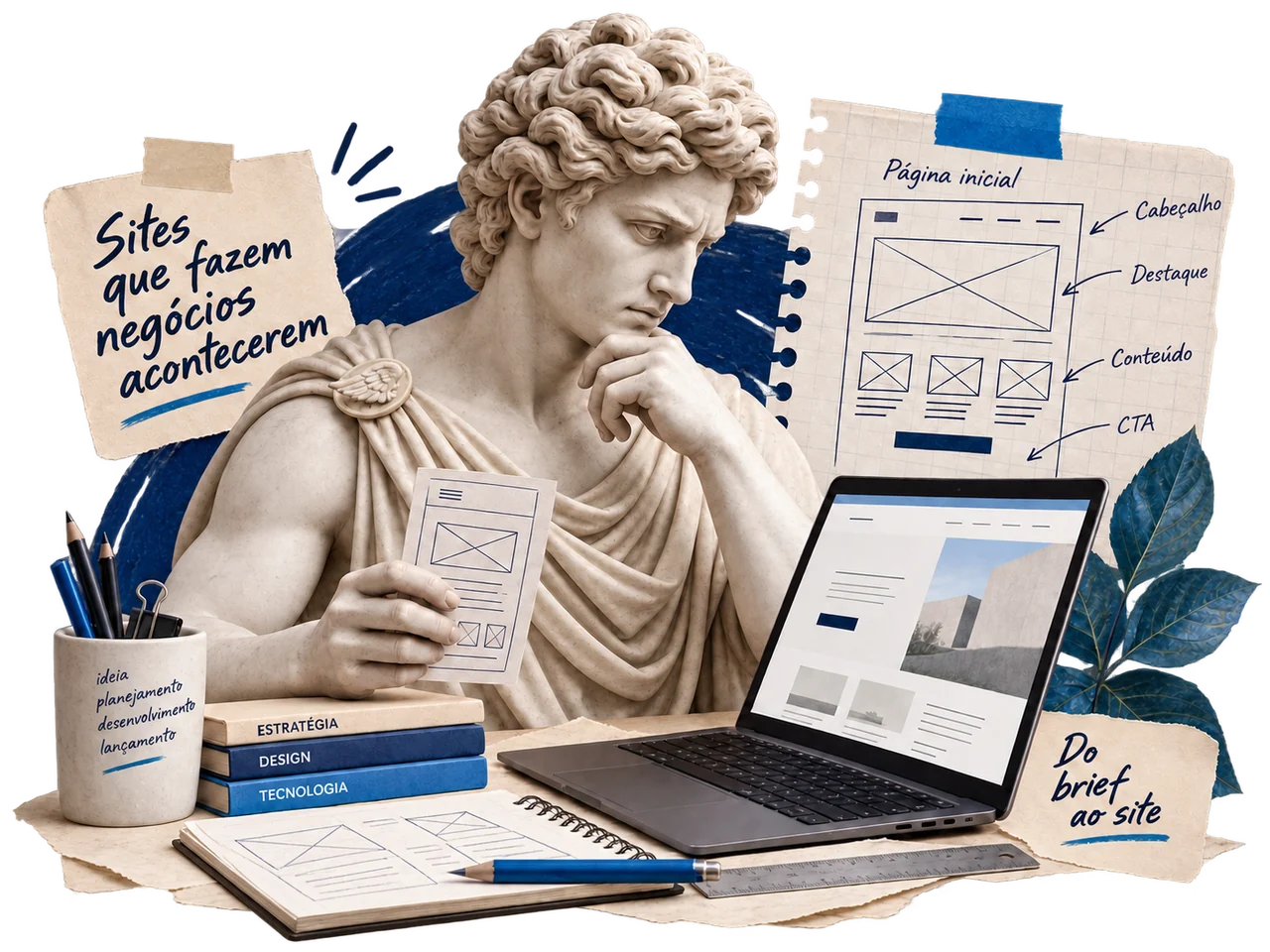 Escultura clássica com projeto de site e ferramentas de desenvolvimento