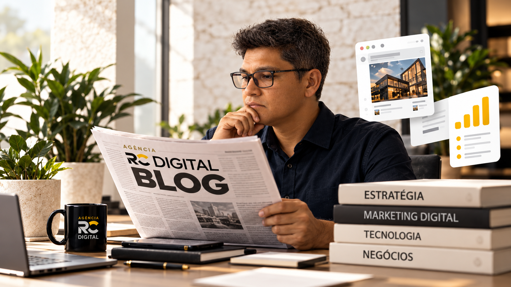 Cena ilustrativa de leitura de conteúdos sobre estratégia, tecnologia e negócios.