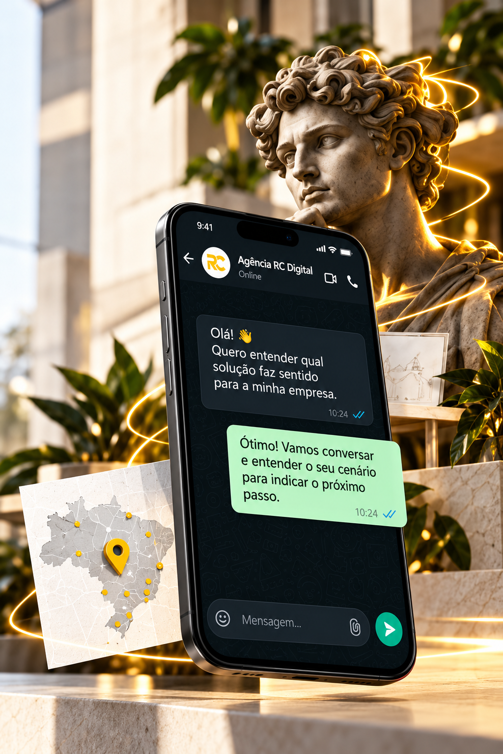 Composição ilustrativa de uma estátua, conversa no celular e mapa do Brasil.