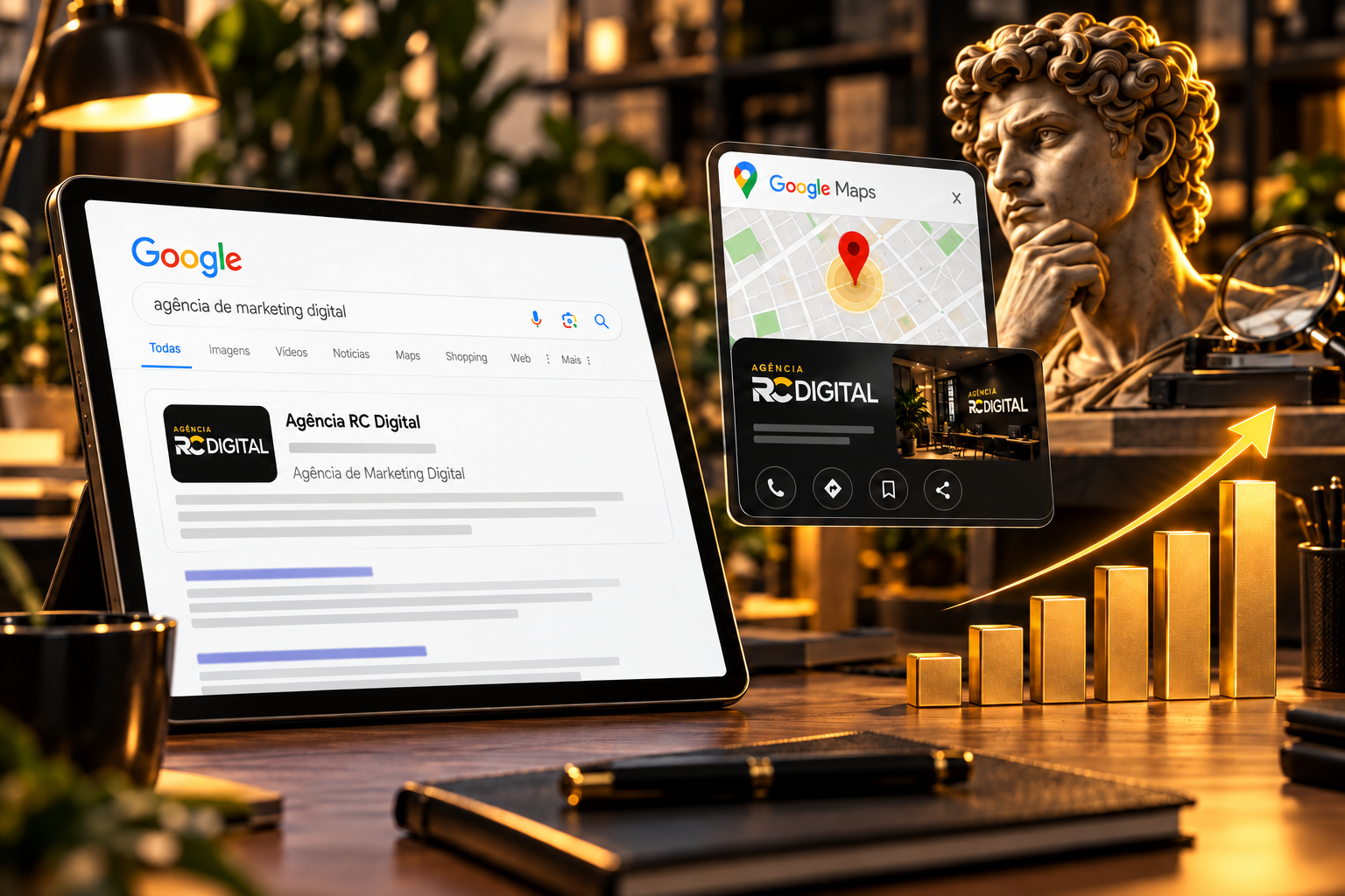Ilustração de indicadores de presença e crescimento no Google.