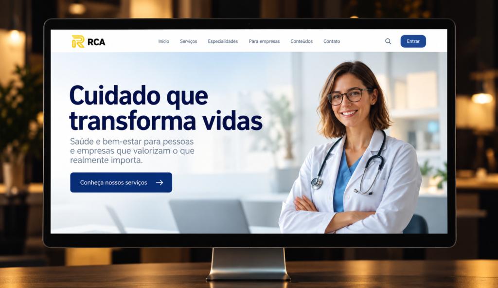 Exemplo conceitual de site na área da saúde apresentado em um monitor.