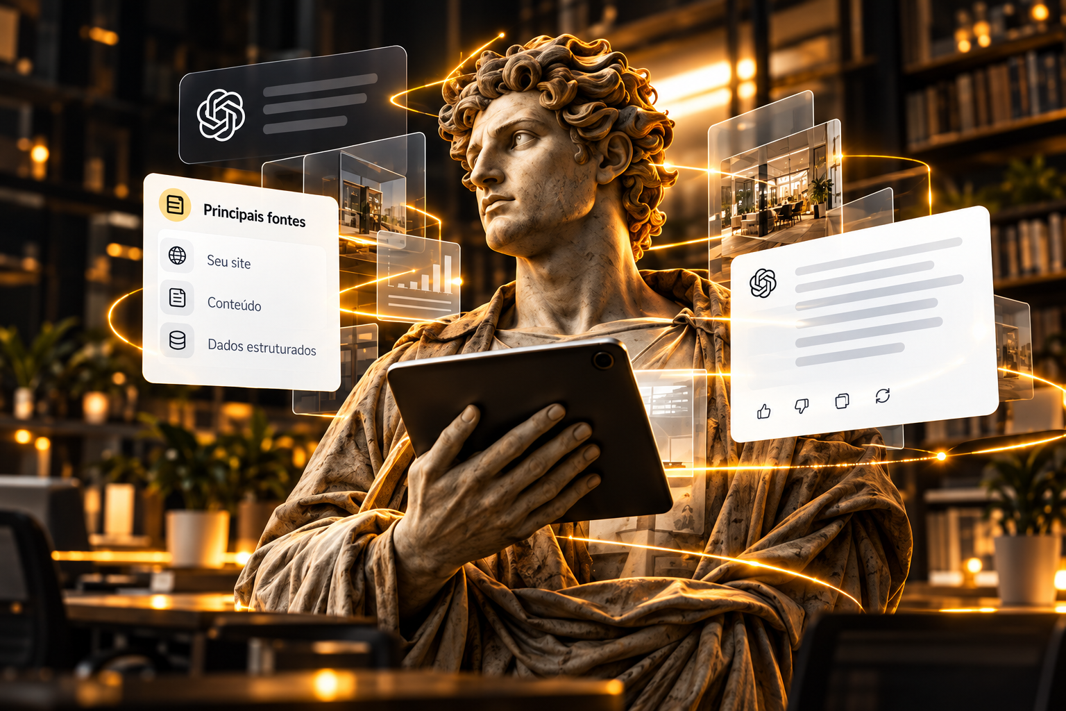 Composição ilustrativa de uma estátua com tablet e interfaces de respostas geradas por inteligência artificial.