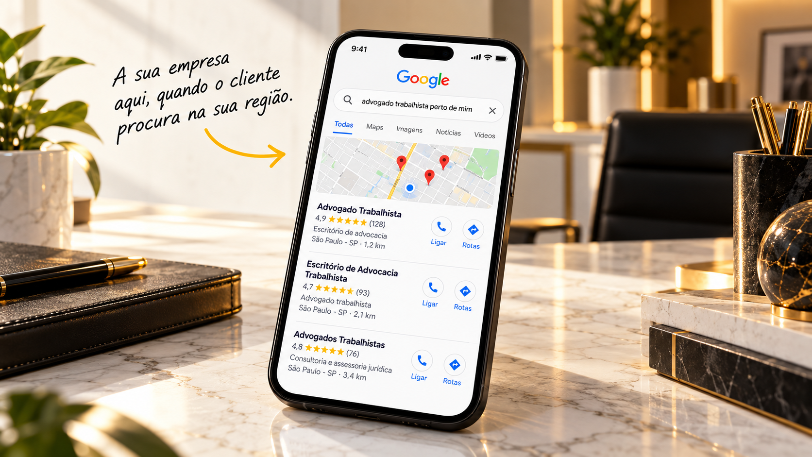 Ilustração de um celular mostrando resultados de busca local.