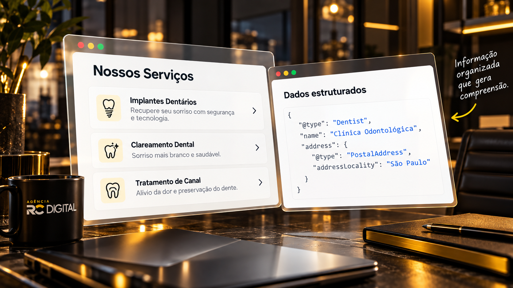 Ilustração de páginas de serviços e dados estruturados para contextualizar um negócio.