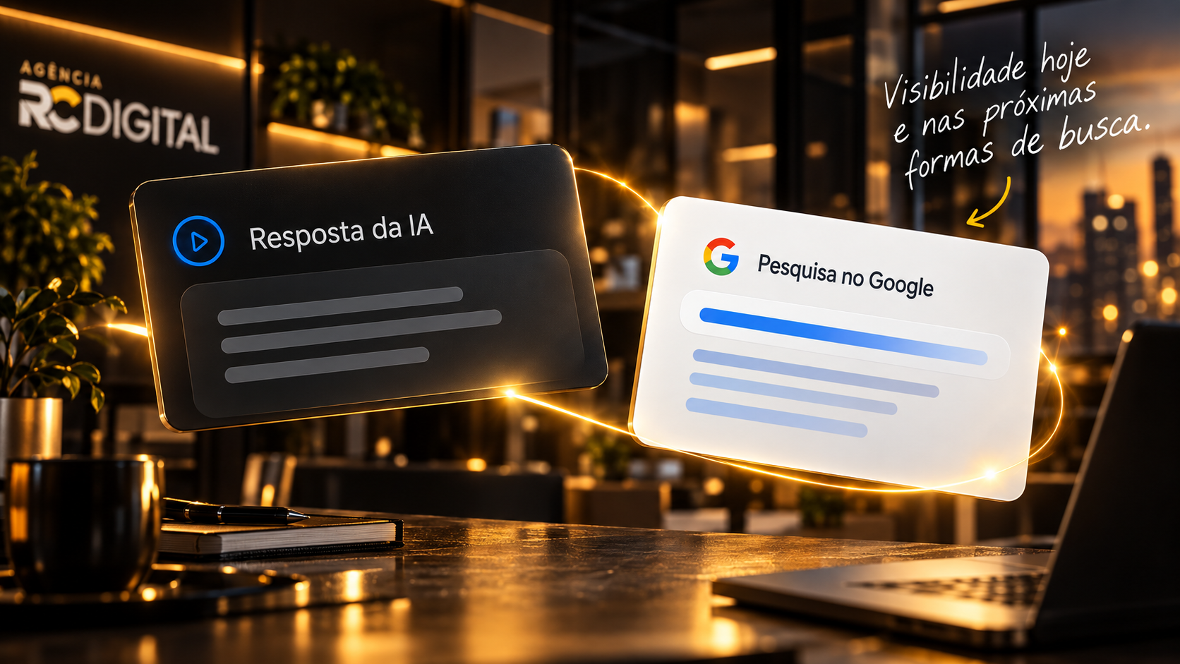 Ilustração de resultados de busca e respostas de inteligência artificial.