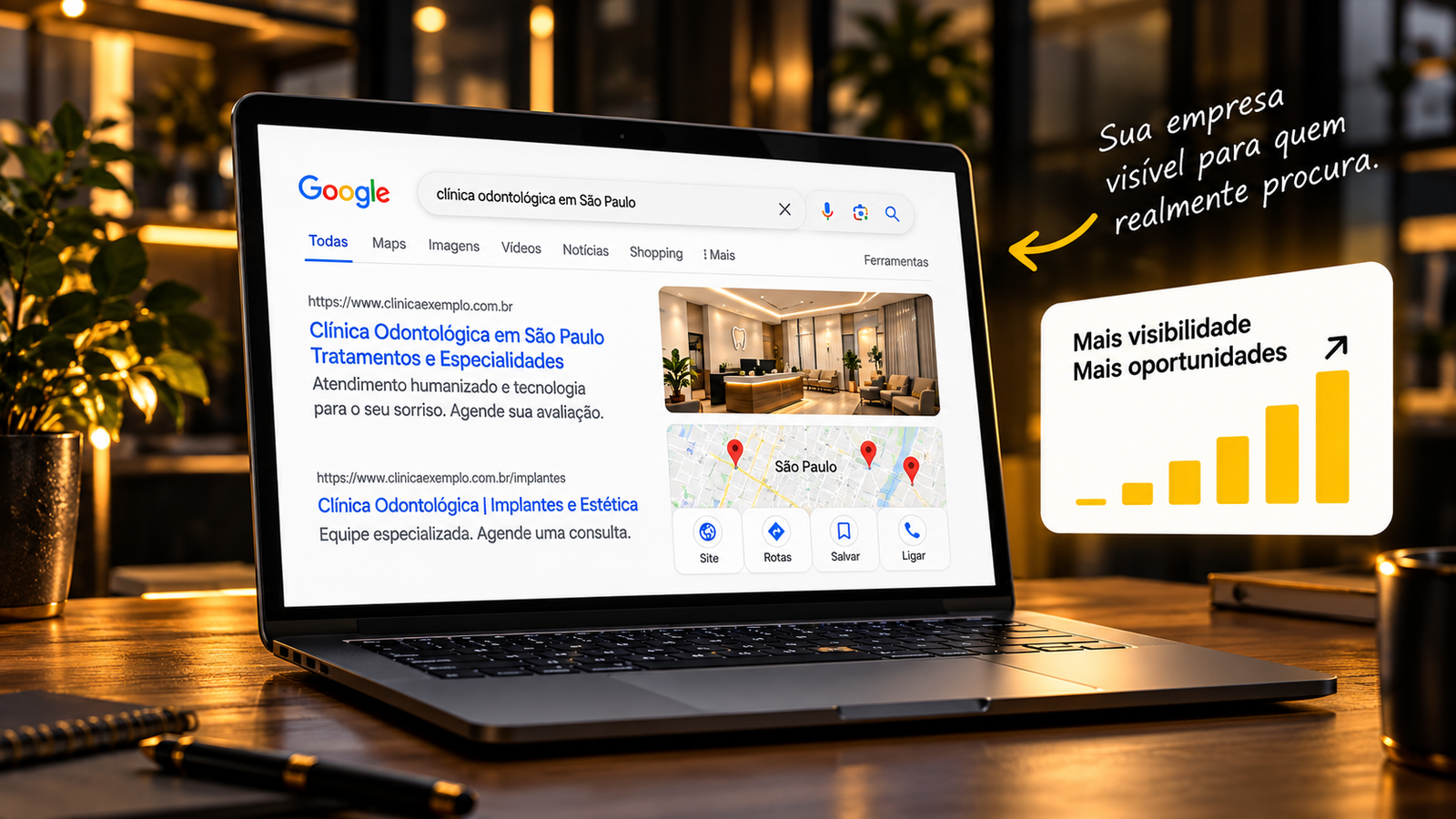 Ilustração de uma busca no Google em notebook, com resultados locais e gráfico de visibilidade.
