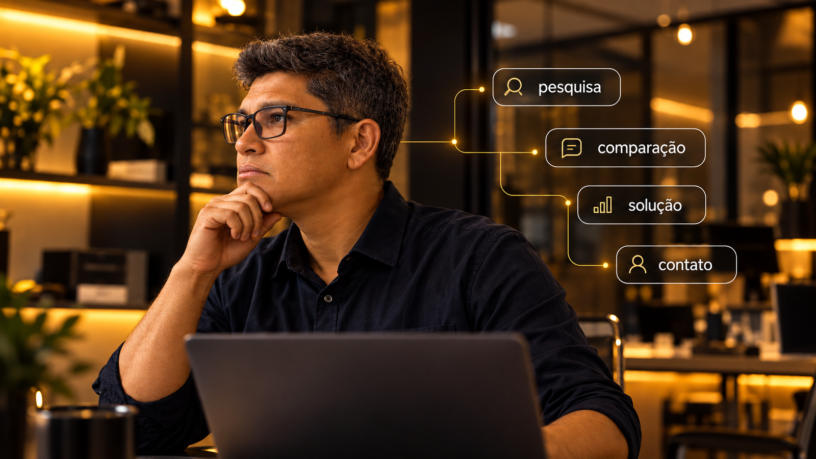 Cena ilustrativa de uma pessoa pesquisando, comparando soluções e entrando em contato.