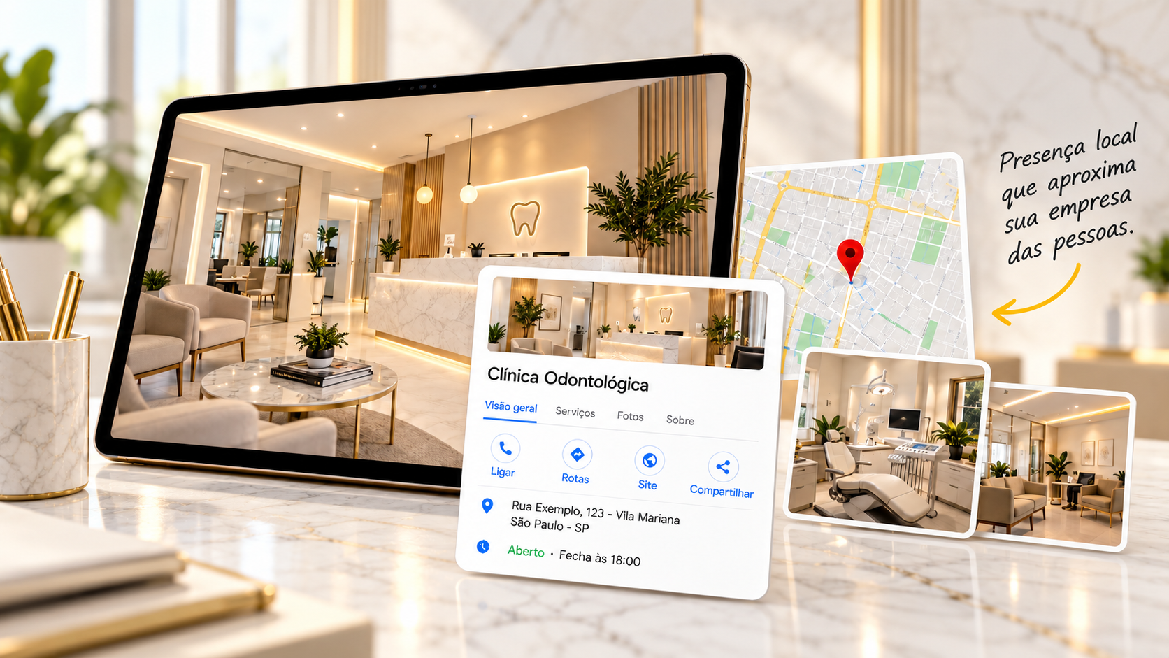 Ilustração de perfil de empresa no Google, fotos do estabelecimento e mapa da região.