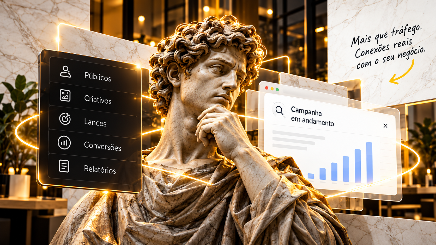 Composição ilustrativa de uma estátua, controles de campanha e gráfico de desempenho.
