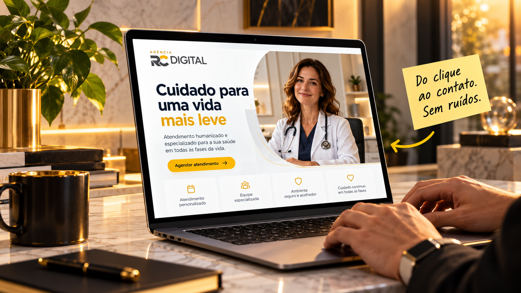 Ilustração de uma página de saúde aberta em notebook após um clique em anúncio.